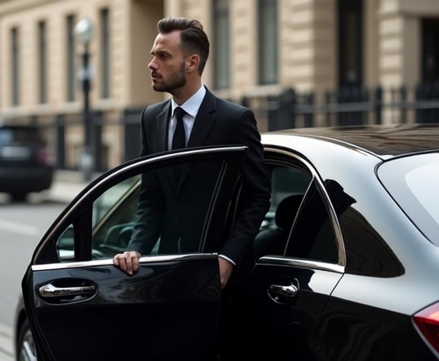Professional chauffeur in black suit opening door of luxury black Mercedes-Benz in London